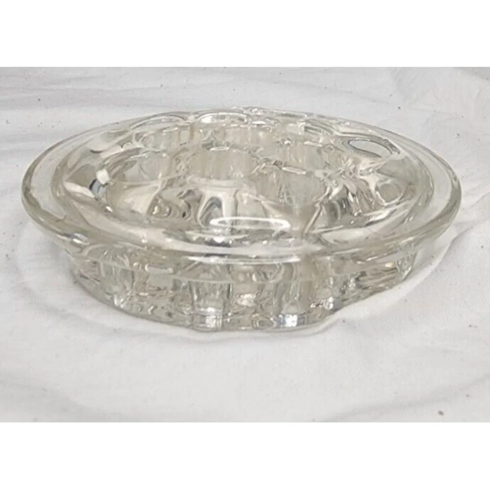 VINTAGE MCM 1950's 11 HOLE CLEAR GLASS FLOWER FROG FLORAL ARRANGEMENT